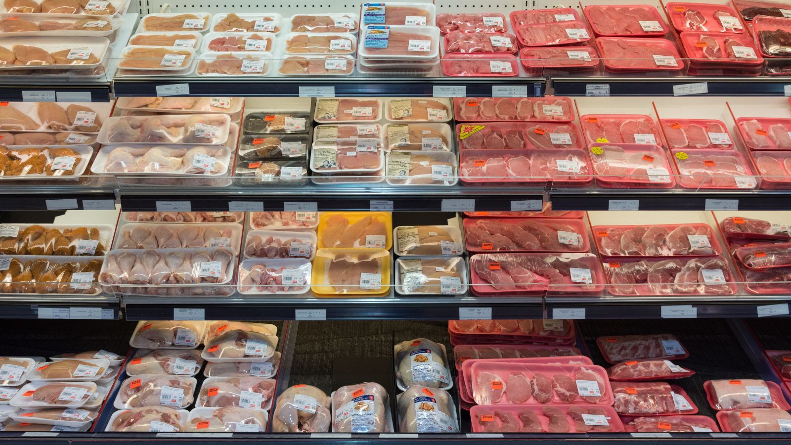 Meat trays in supermarket display